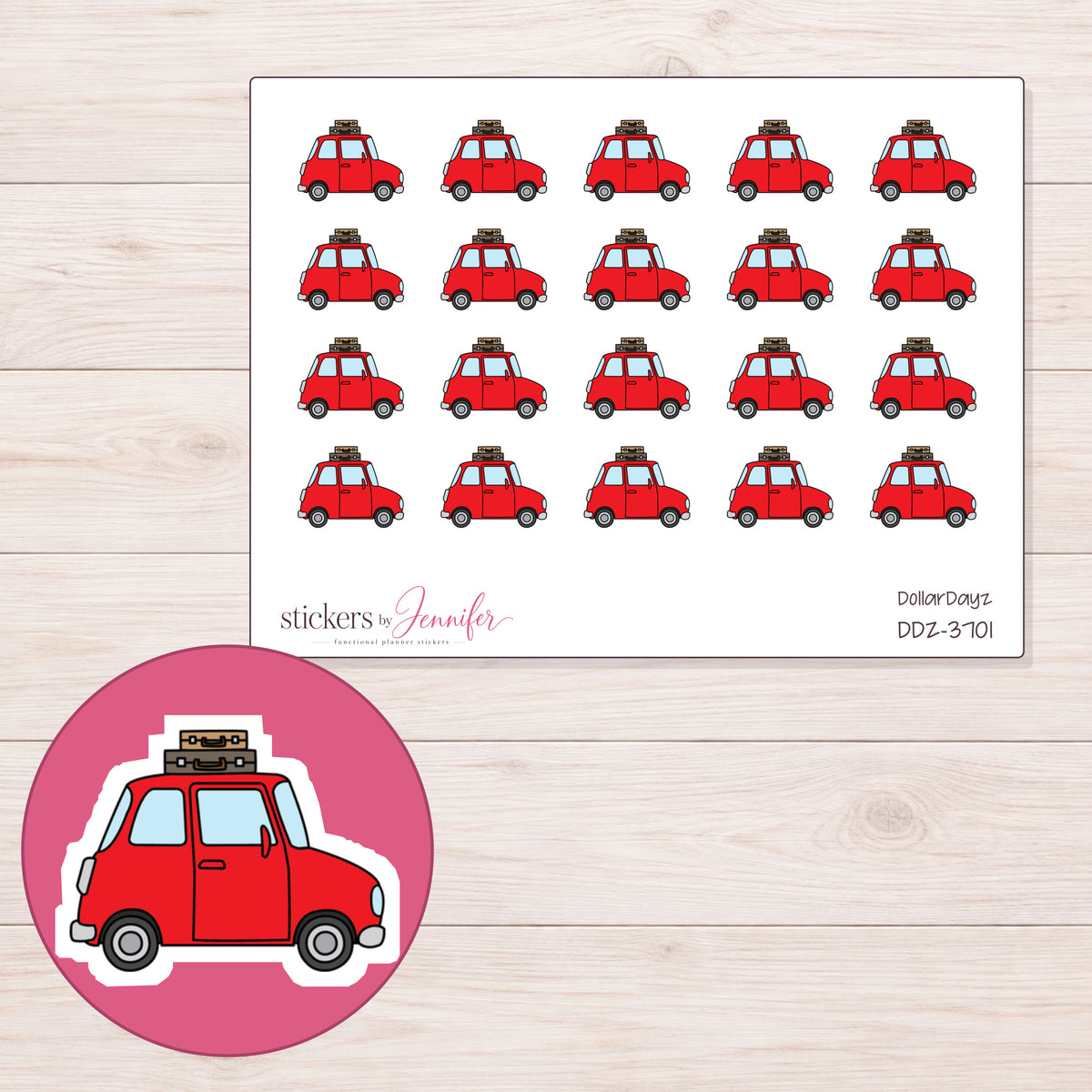 Red Road Trip Car Planner Stickers | DDZ-3701 — 4 × 3 inch sheet and enlarged sticker detail