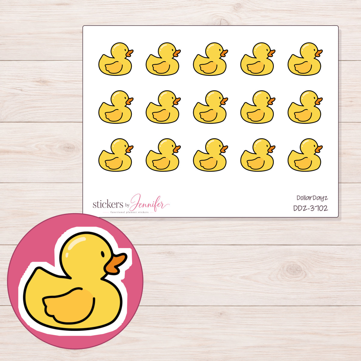Yellow Rubber Duck Planner Stickers | DDZ-3702 — 4 × 3 inch sheet and enlarged sticker detail