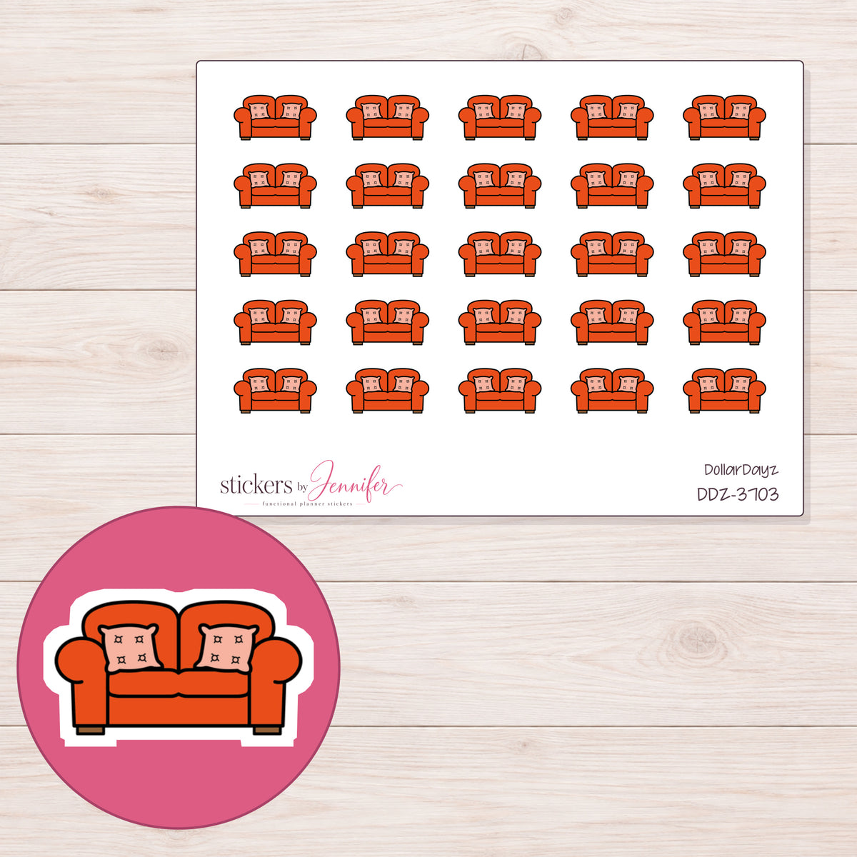 Orange Sofa Planner Stickers | DDZ-3703 — 4 × 3 inch sheet and enlarged sticker detail