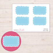 Blue Scalloped Rectangle Label Planner Stickers | DDZ-3706 — 4 × 3 inch sheet and enlarged sticker detail
