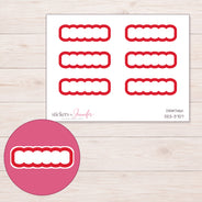 Red Outline Scallop Quarter Box Planner Stickers | DDZ-3707 — 4 × 3 inch sheet and enlarged sticker detail