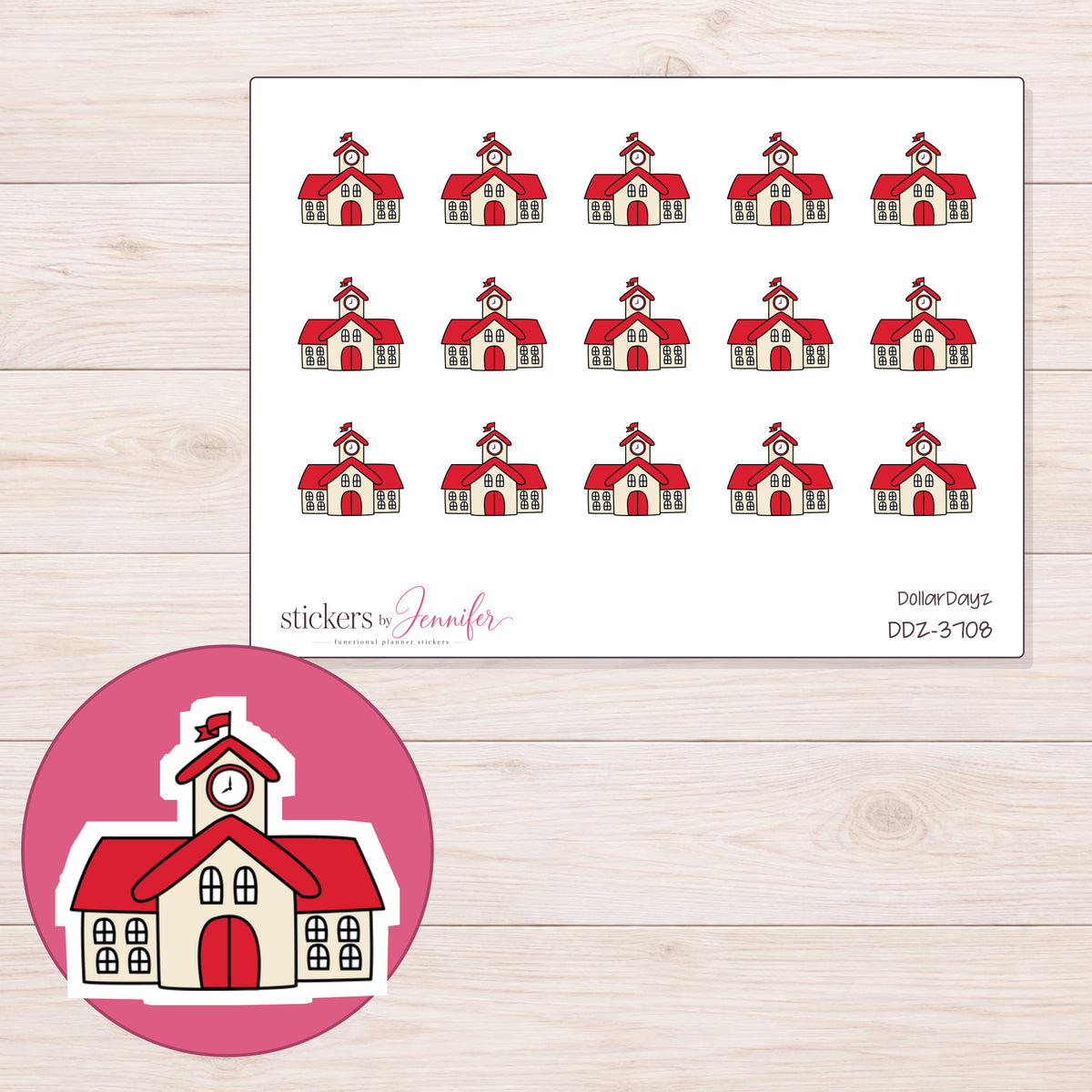 Red Schoolhouse Planner Stickers | DDZ-3708 — 4 × 3 inch sheet and enlarged sticker detail