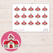 Red Schoolhouse Planner Stickers | DDZ-3708 — 4 × 3 inch sheet and enlarged sticker detail
