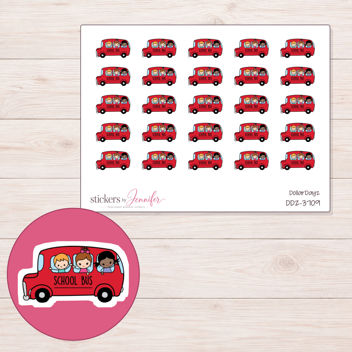 Red School Bus Planner Stickers | DDZ-3709 — 4 × 3 inch sheet and enlarged sticker detail