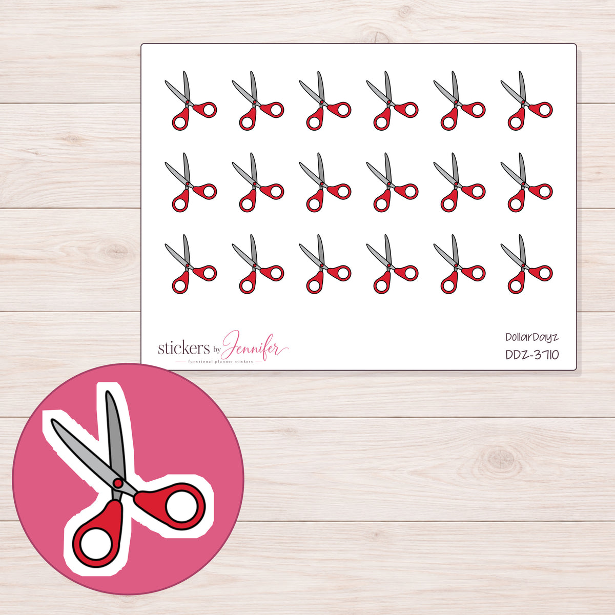 Red Handled Scissors Planner Stickers | DDZ-3710 — 4 × 3 inch sheet and enlarged sticker detail