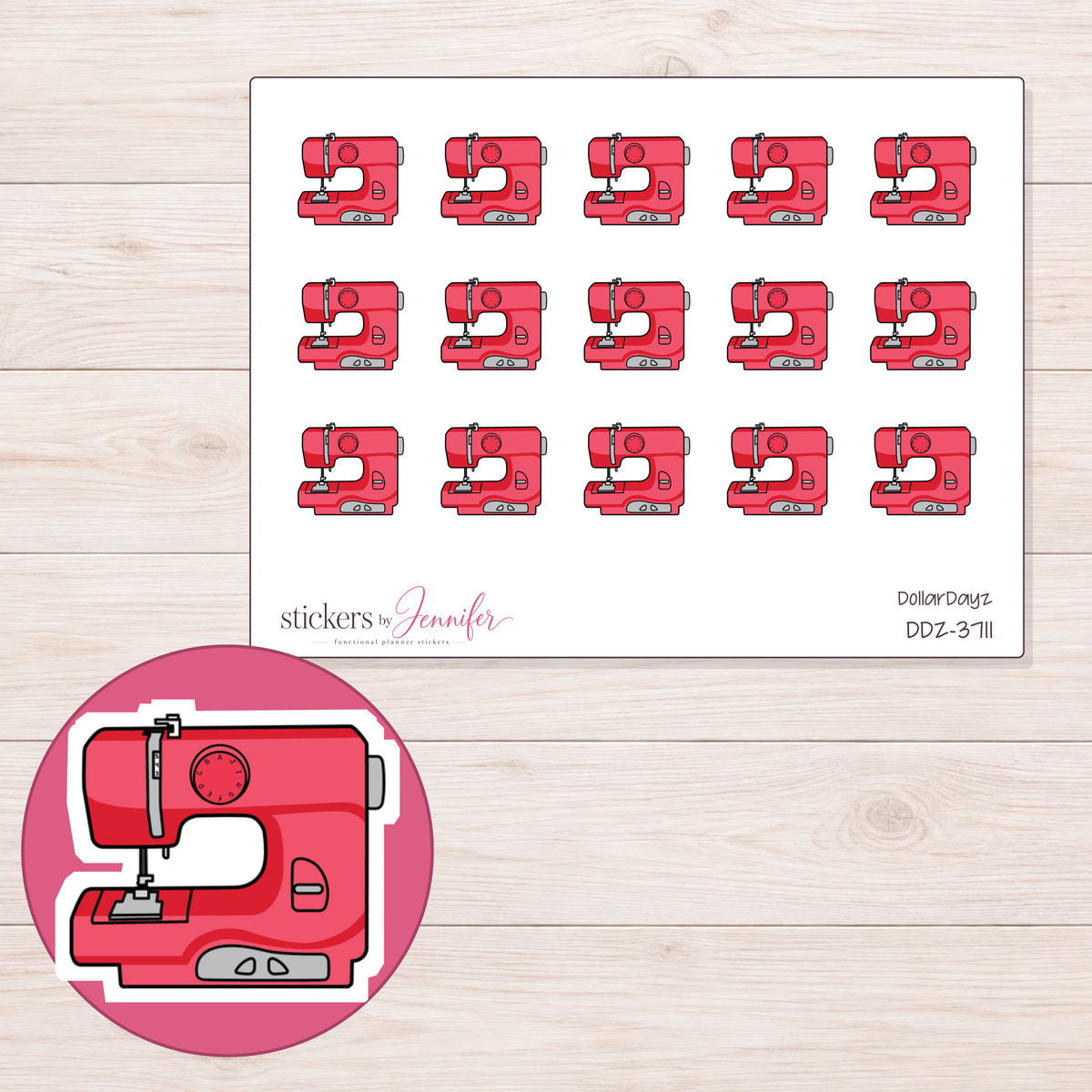 Pink Sewing Machine Planner Stickers | DDZ-3711 — 4 × 3 inch sheet and enlarged sticker detail