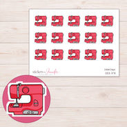 Pink Sewing Machine Planner Stickers | DDZ-3711 — 4 × 3 inch sheet and enlarged sticker detail