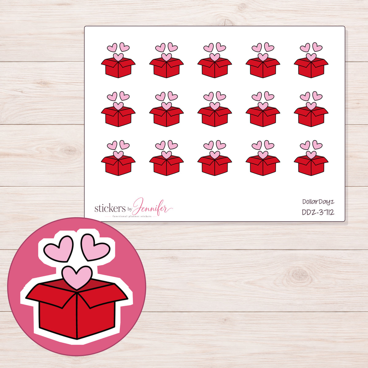 Red Happy Mail Box Planner Stickers | DDZ-3712 — 4 × 3 inch sheet and enlarged sticker detail
