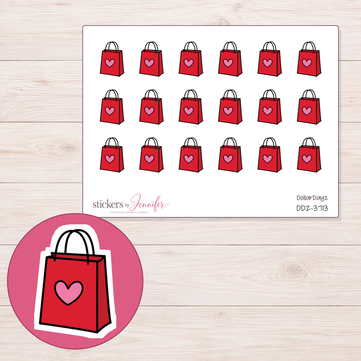 Red Heart Shopping Bag Planner Stickers | DDZ-3713 — 4 × 3 inch sheet and enlarged sticker detail