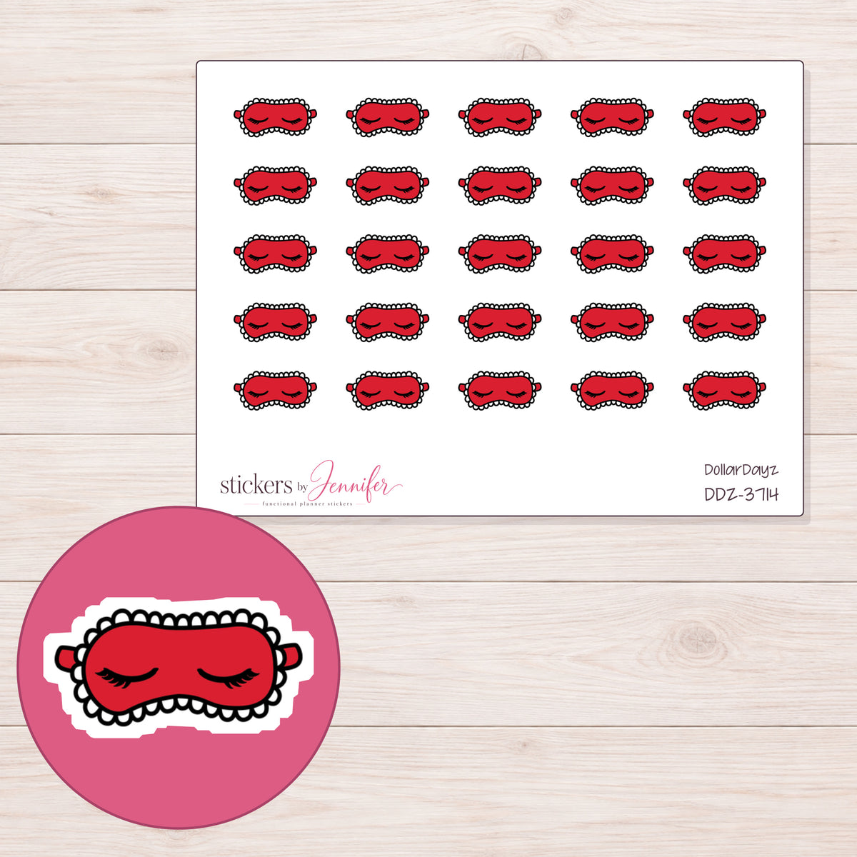 Red Sleep Mask Planner Stickers | DDZ-3714 — 4 × 3 inch sheet and enlarged sticker detail