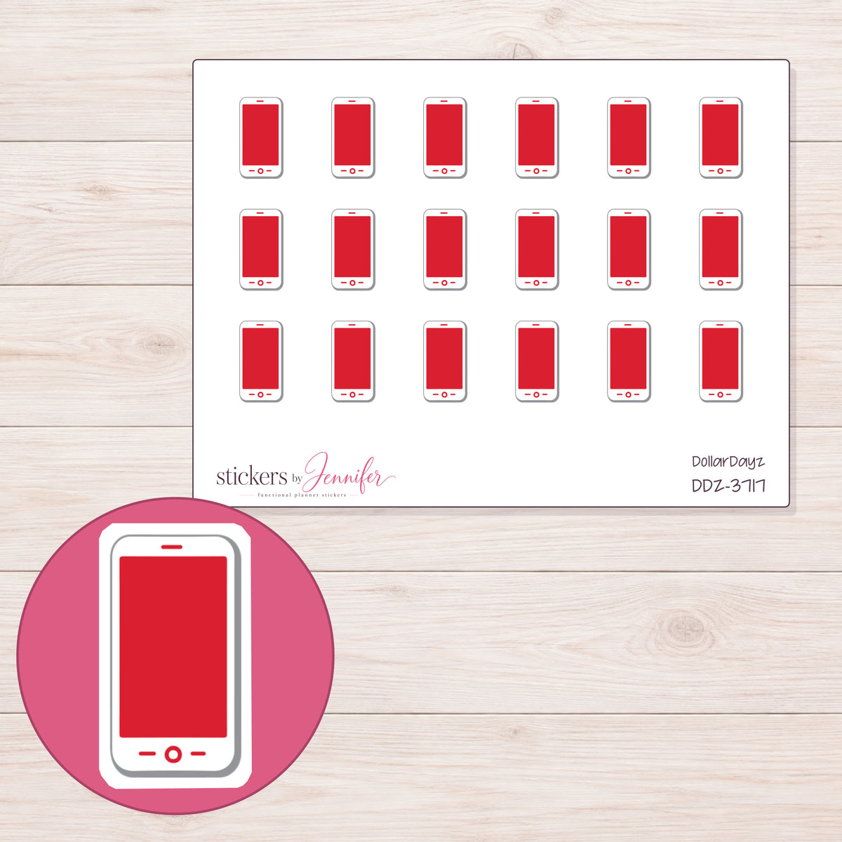 White Smartphone with Red Screen Planner Stickers | DDZ-3717 — 4 × 3 inch sheet and enlarged sticker detail