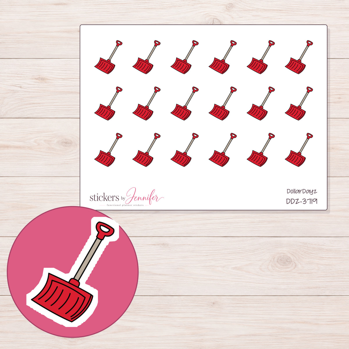 Red Snow Shovel Planner Stickers | DDZ-3719 — 4 × 3 inch sheet and enlarged sticker detail