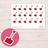 Red Snow Shovel Planner Stickers | DDZ-3719 — 4 × 3 inch sheet and enlarged sticker detail