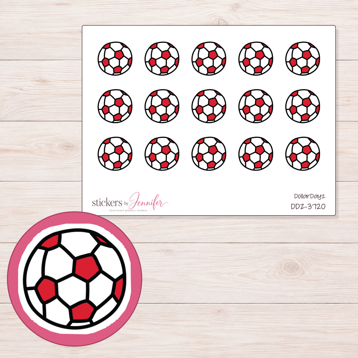 Red and White Soccer Ball Planner Stickers | DDZ-3720 — 4 × 3 inch sheet and enlarged sticker detail
