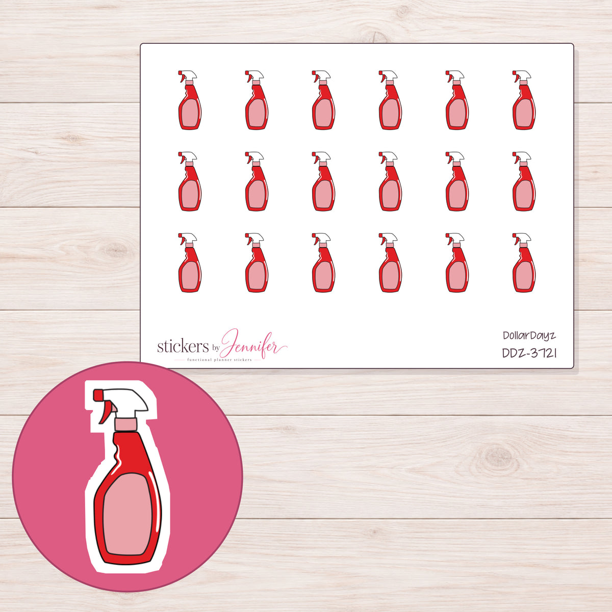 Pink Cleaning Spray Bottle Planner Stickers | DDZ-3721 — 4 × 3 inch sheet and enlarged sticker detail