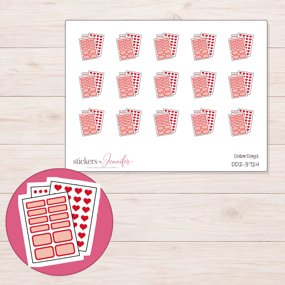 Red Planner Sticker Sheets Planner Stickers | DDZ-3724 — 4 × 3 inch sheet and enlarged sticker detail