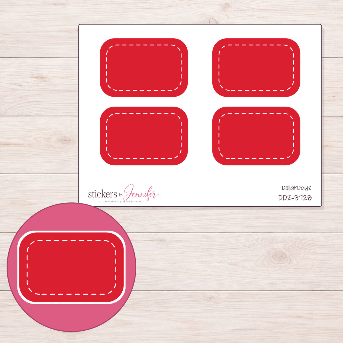 Red White-Stitch Half Box Planner Stickers | DDZ-3728 — 4 × 3 inch sheet and enlarged sticker detail