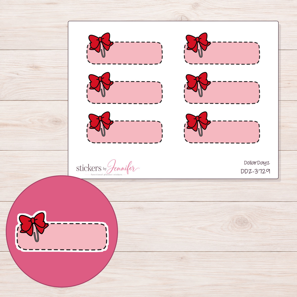 Pink Stitched Bow Quarter Box Planner Stickers | DDZ-3729 — 4 × 3 inch sheet and enlarged sticker detail