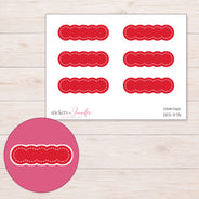 Red Stitched Scallop Label Planner Stickers | DDZ-3731 — 4 × 3 inch sheet and enlarged sticker detail