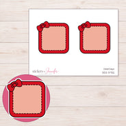 Red Stitched Square Bow Label Planner Stickers | DDZ-3732 — 4 × 3 inch sheet and enlarged sticker detail