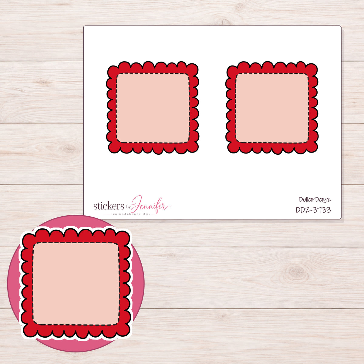 Red Scalloped Stitched Square Planner Stickers | DDZ-3733 — 4 × 3 inch sheet and enlarged sticker detail