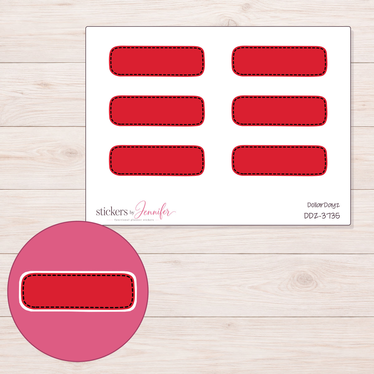 Red Dark-Stitch Quarter Box Planner Stickers | DDZ-3735 — 4 × 3 inch sheet and enlarged sticker detail