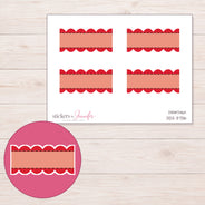 Red Stitched Scallop Stripe Label Planner Stickers | DDZ-3736 — 4 × 3 inch sheet and enlarged sticker detail