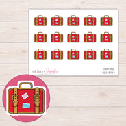 Red Vintage Suitcase Planner Stickers | DDZ-3737 — 4 × 3 inch sheet and enlarged sticker detail