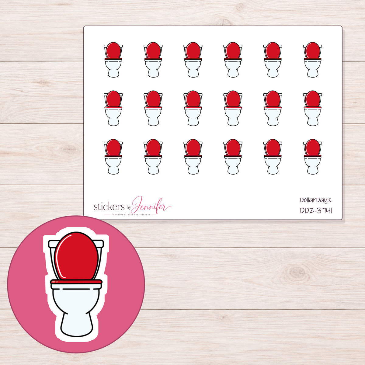White Toilet with Red Seat Planner Stickers | DDZ-3741 — 4 × 3 inch sheet and enlarged sticker detail