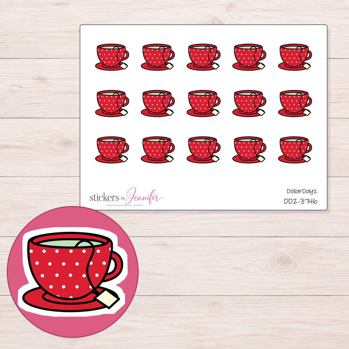 Red Polka Dot Teacup Planner Stickers | DDZ-3746 — 4 × 3 inch sheet and enlarged sticker detail