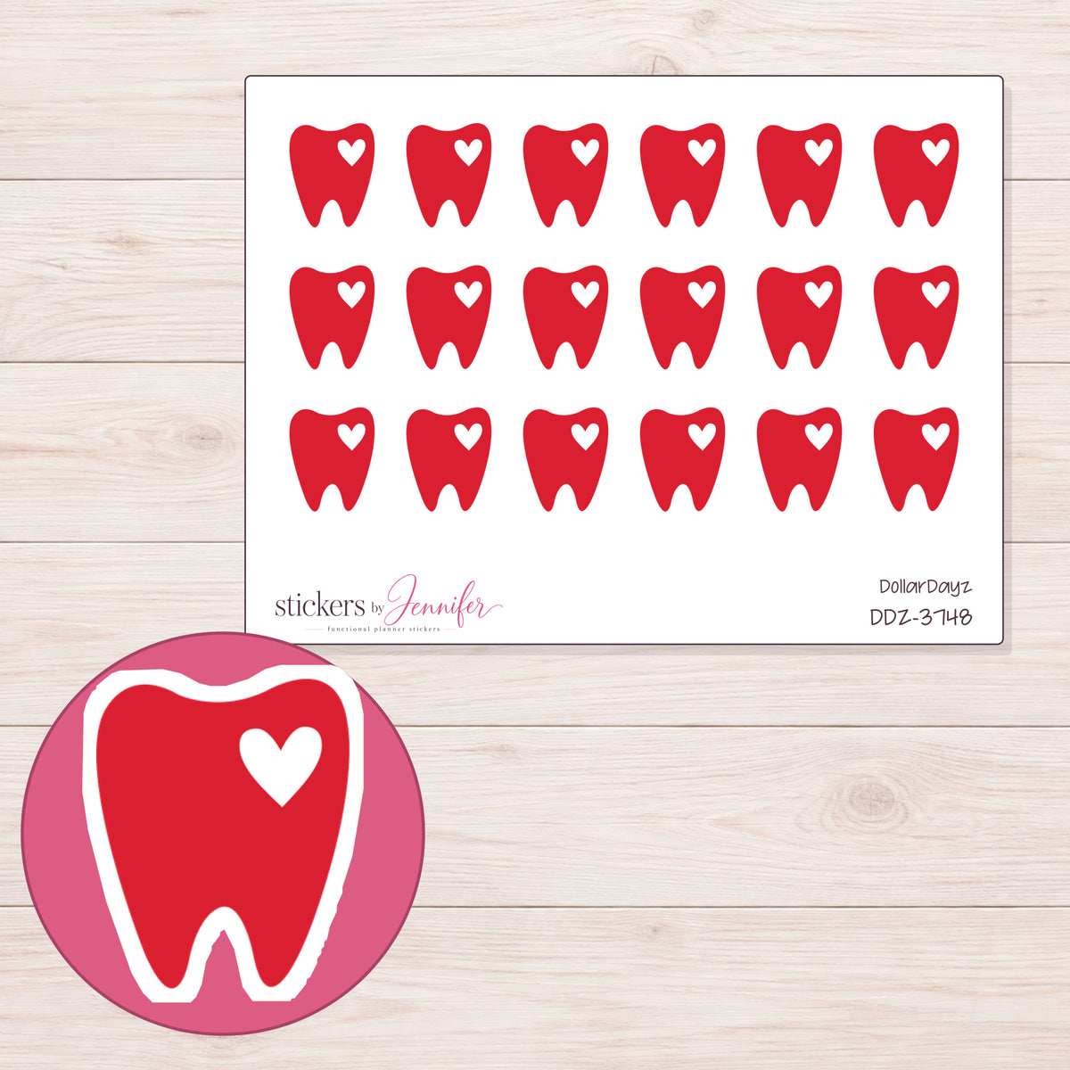 Red Heart Tooth Planner Stickers | DDZ-3748 — 4 × 3 inch sheet and enlarged sticker detail