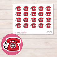 Red Rotary Telephone Planner Stickers | DDZ-3749 — 4 × 3 inch sheet and enlarged sticker detail