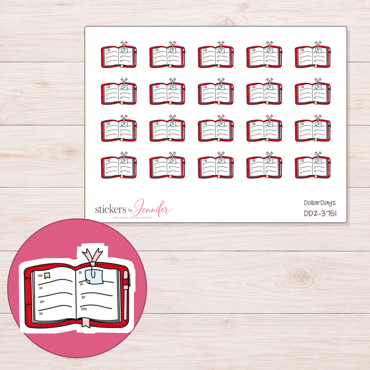 Open Planner with Ribbon Clip Planner Stickers | DDZ-3751 — 4 × 3 inch sheet and enlarged sticker detail
