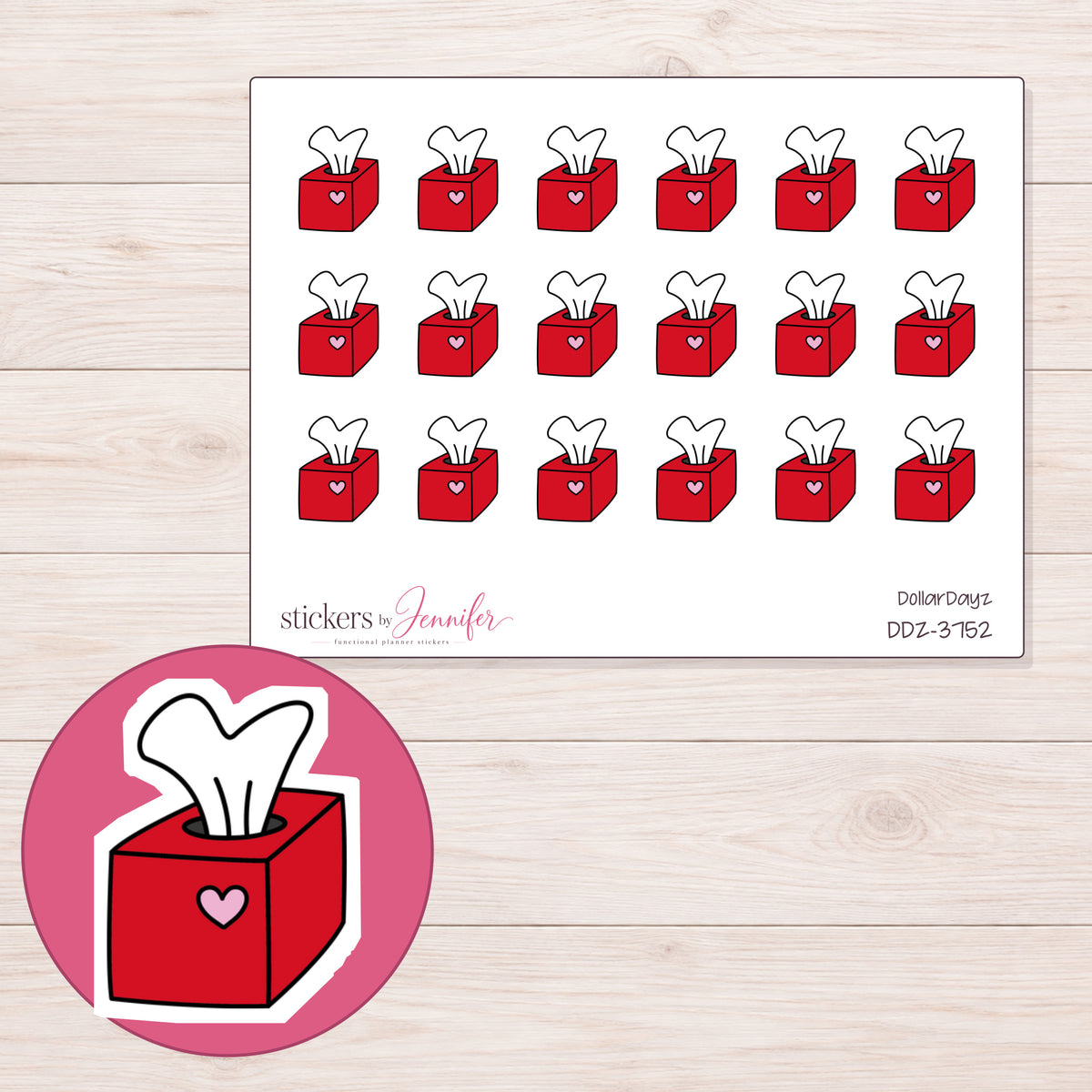 Red Heart Tissue Box Planner Stickers | DDZ-3752 — 4 × 3 inch sheet and enlarged sticker detail