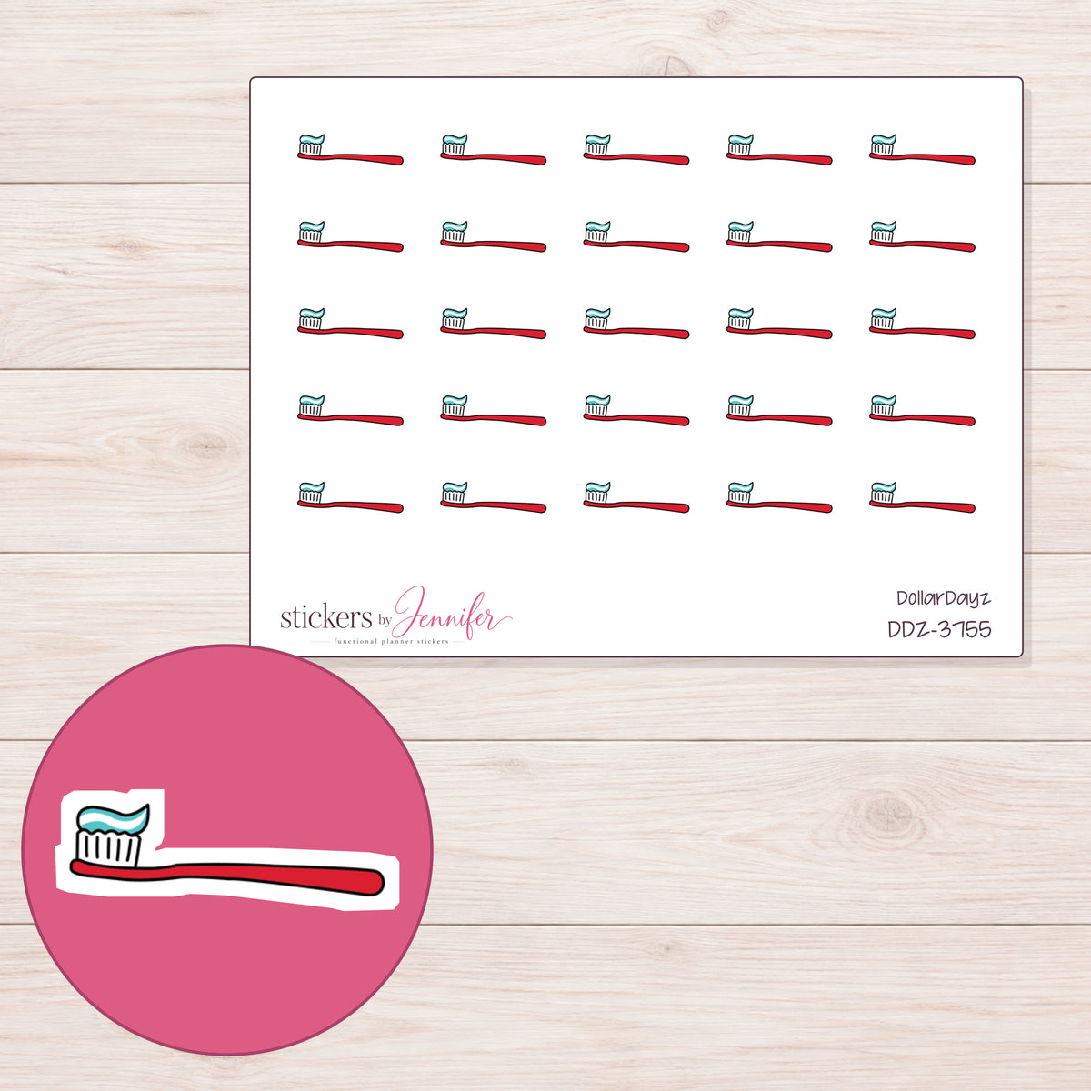Red Toothbrush Planner Stickers | DDZ-3755 — 4 × 3 inch sheet and enlarged sticker detail