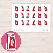 Red Toothpaste and Brush Planner Stickers | DDZ-3756 — 4 × 3 inch sheet and enlarged sticker detail