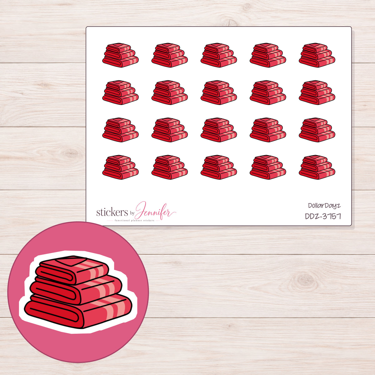 Stack of Red Towels Planner Stickers | DDZ-3757 — 4 × 3 inch sheet and enlarged sticker detail