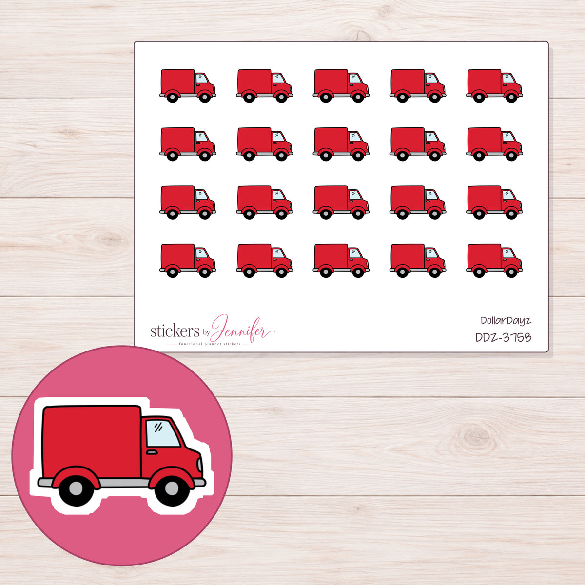 Red Delivery Truck Planner Stickers | DDZ-3758 — 4 × 3 inch sheet and enlarged sticker detail