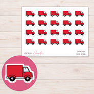Red Delivery Truck Planner Stickers | DDZ-3758 — 4 × 3 inch sheet and enlarged sticker detail