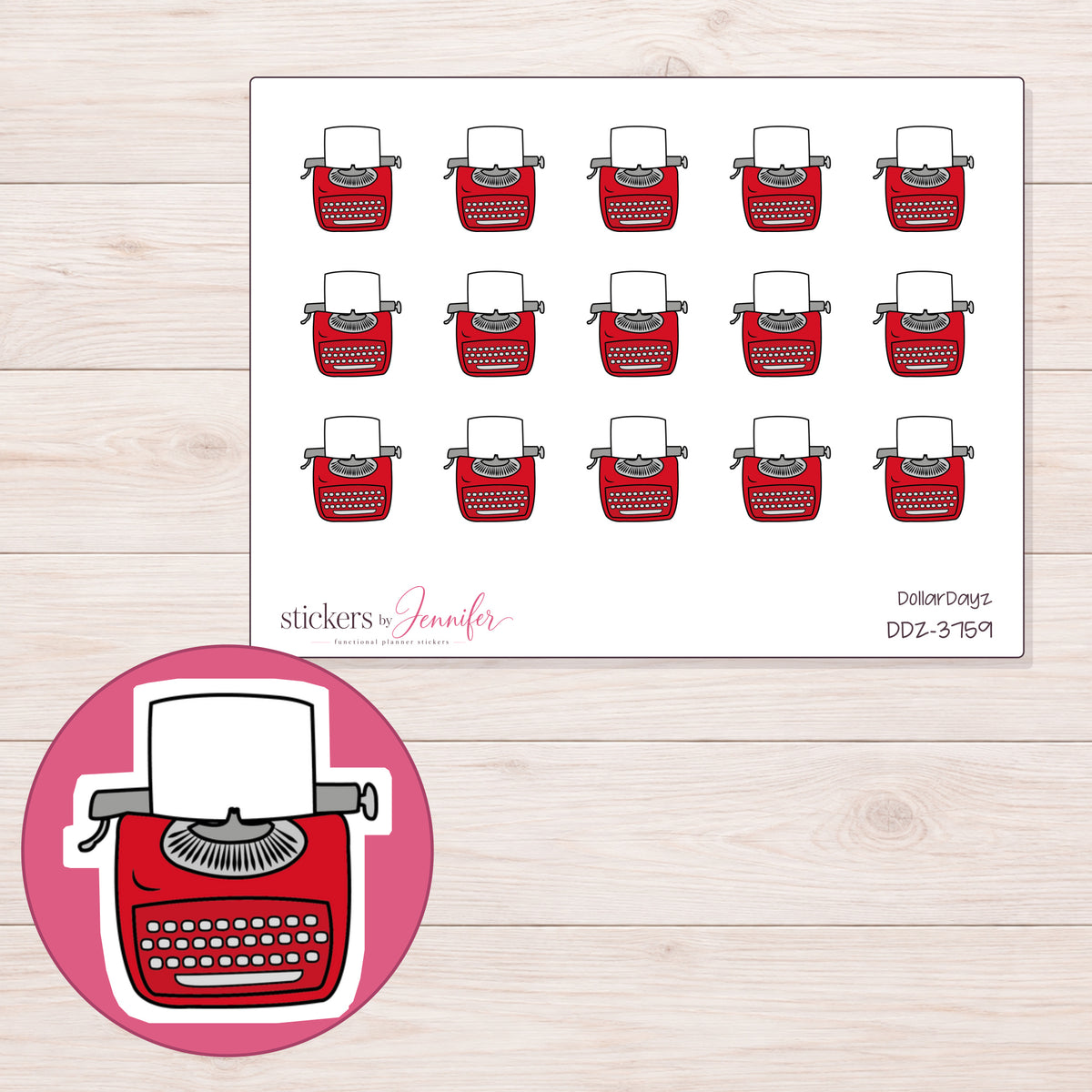 Red Typewriter Planner Stickers | DDZ-3759 — 4 × 3 inch sheet and enlarged sticker detail