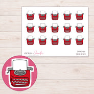 Red Typewriter Planner Stickers | DDZ-3759 — 4 × 3 inch sheet and enlarged sticker detail