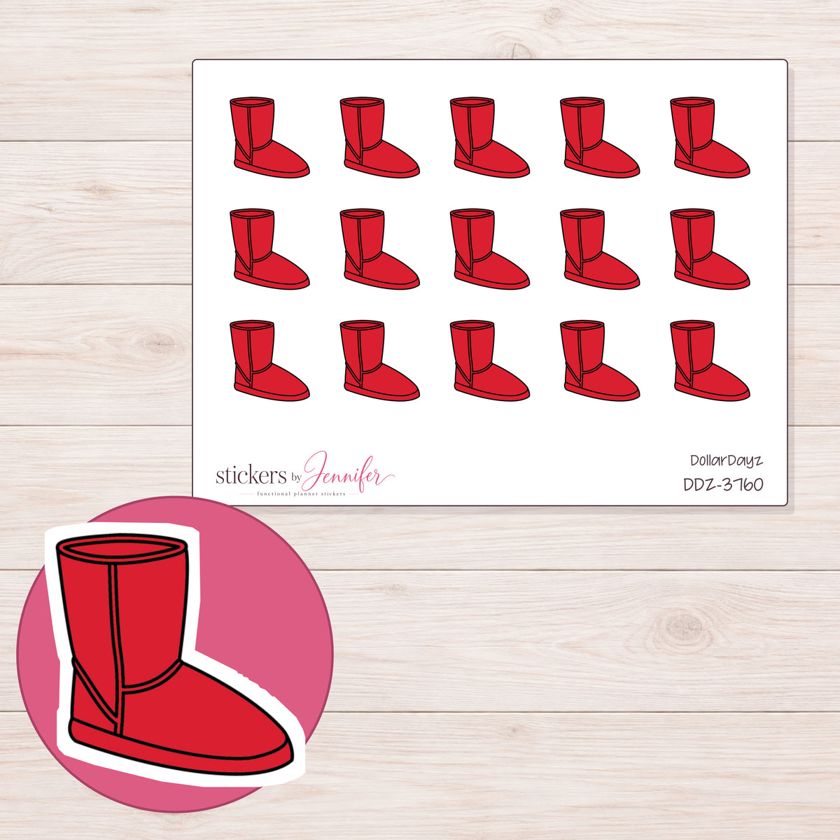 Red Cozy Boot Planner Stickers | DDZ-3760 — 4 × 3 inch sheet and enlarged sticker detail