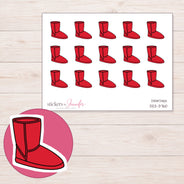 Red Cozy Boot Planner Stickers | DDZ-3760 — 4 × 3 inch sheet and enlarged sticker detail