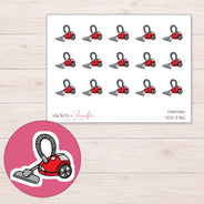 Red Canister Vacuum Planner Stickers | DDZ-3762 — 4 × 3 inch sheet and enlarged sticker detail