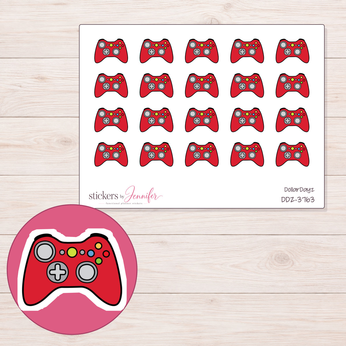 Red Color-Button Game Controller Planner Stickers | DDZ-3763 — 4 × 3 inch sheet and enlarged sticker detail