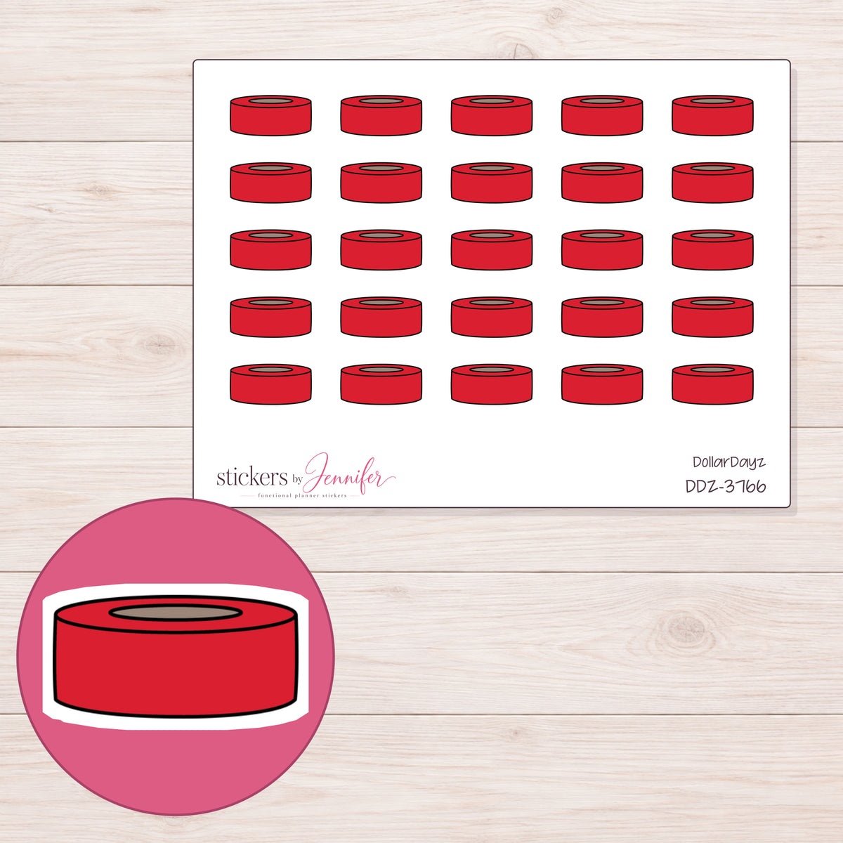 Simple Red Washi Roll Planner Stickers | DDZ-3766 — 4 × 3 inch sheet and enlarged sticker detail