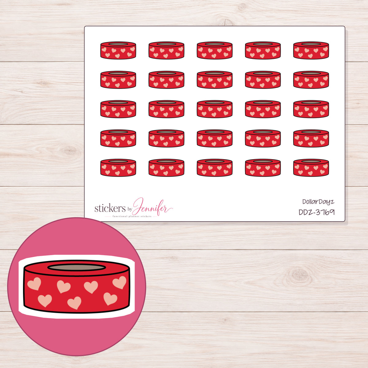 Red Heart Pattern Washi Roll Planner Stickers | DDZ-3769 — 4 × 3 inch sheet and enlarged sticker detail