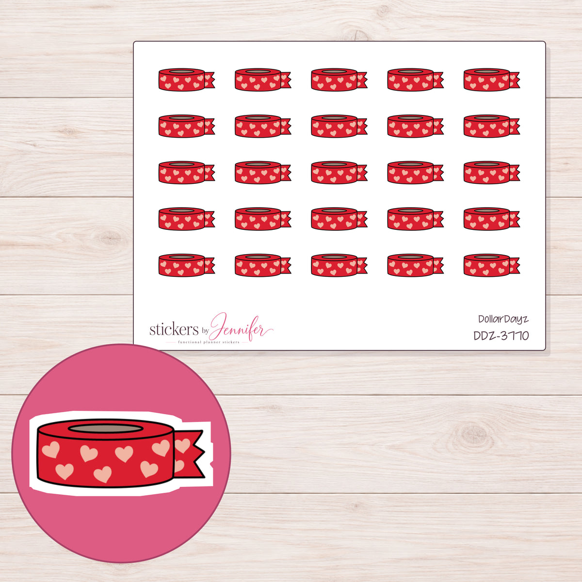 Red Heart Washi Roll with Loose End Planner Stickers | DDZ-3770 — 4 × 3 inch sheet and enlarged sticker detail