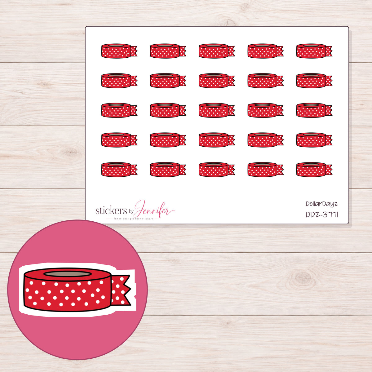 Red Polka Dot Washi with Loose End Planner Stickers | DDZ-3771 — 4 × 3 inch sheet and enlarged sticker detail