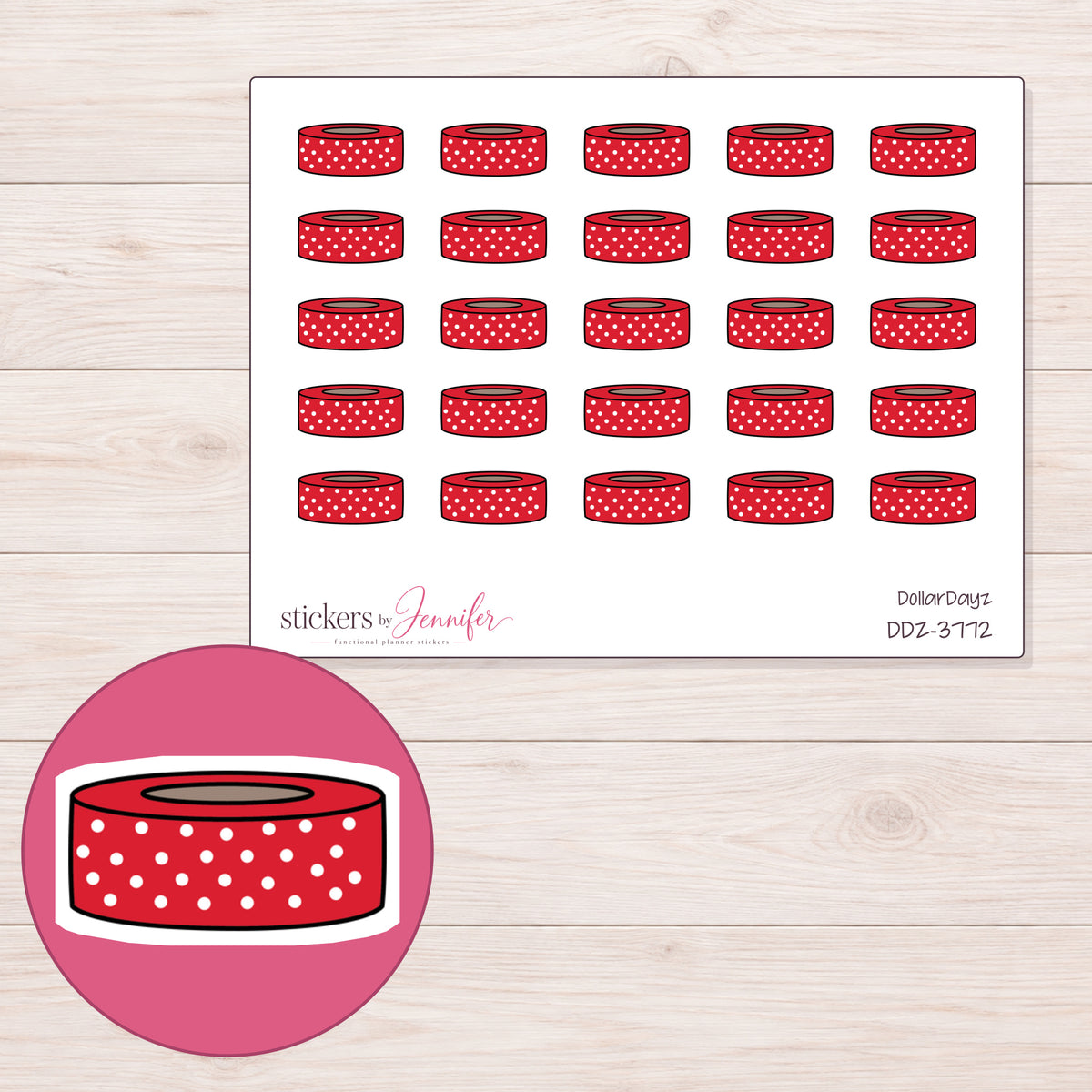 Red Polka Dot Washi Roll Planner Stickers | DDZ-3772 — 4 × 3 inch sheet and enlarged sticker detail